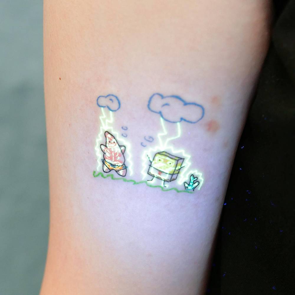 Patrick Star and Spongebob tattoo in cartoon style.