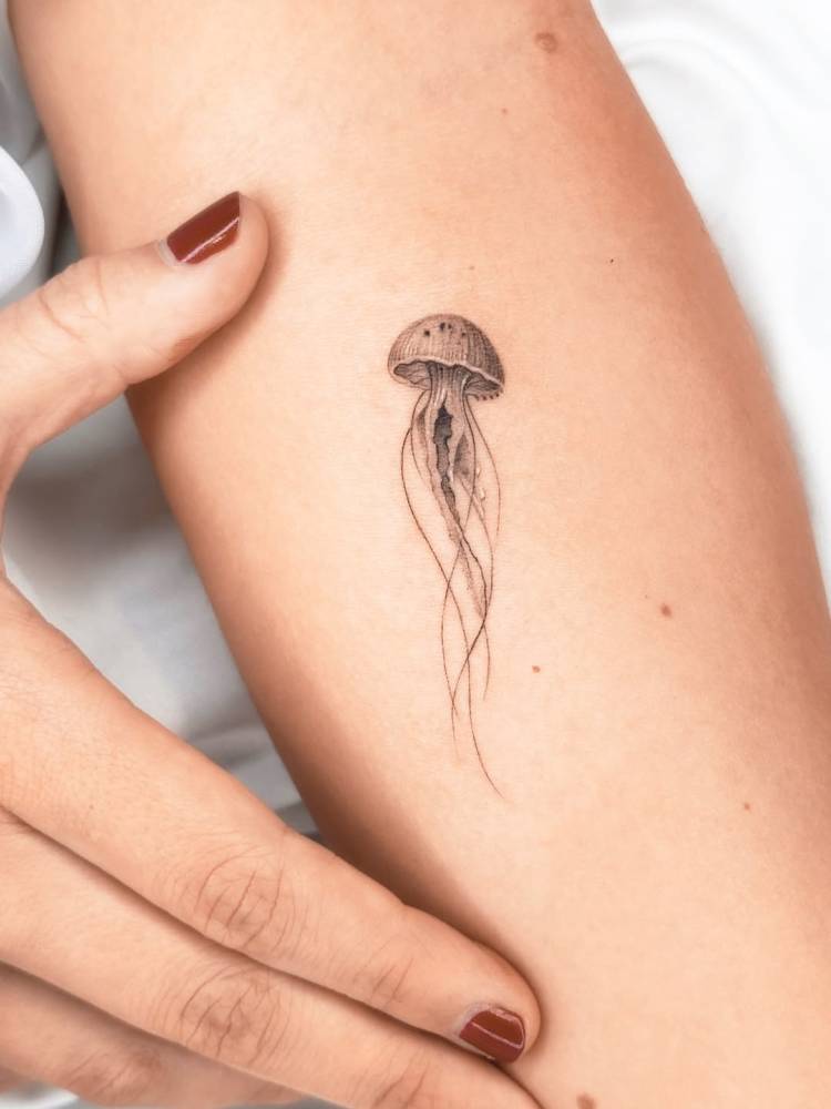 Jellyfish tattoo in micro-realism located on the inner forearm.