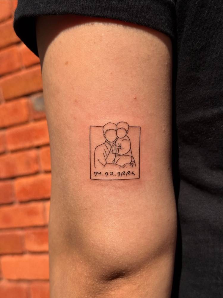 Family portrait tattoo located on the tricep, fine line style.