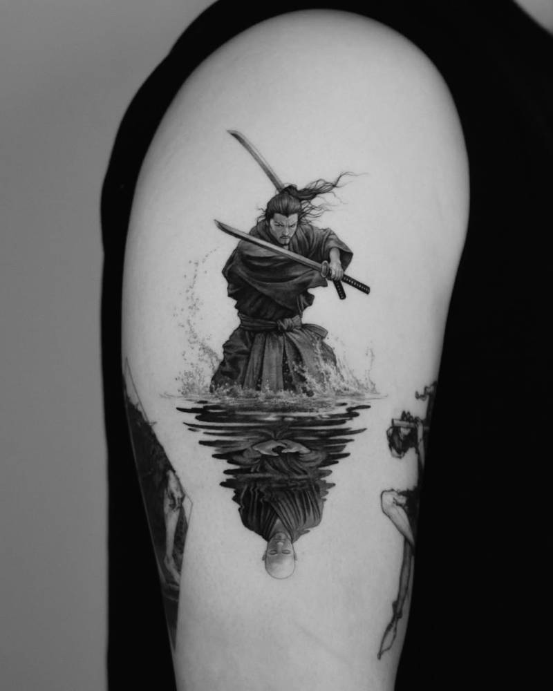 Samurai tattoo located on the upper arm, done in micro-realistic style.