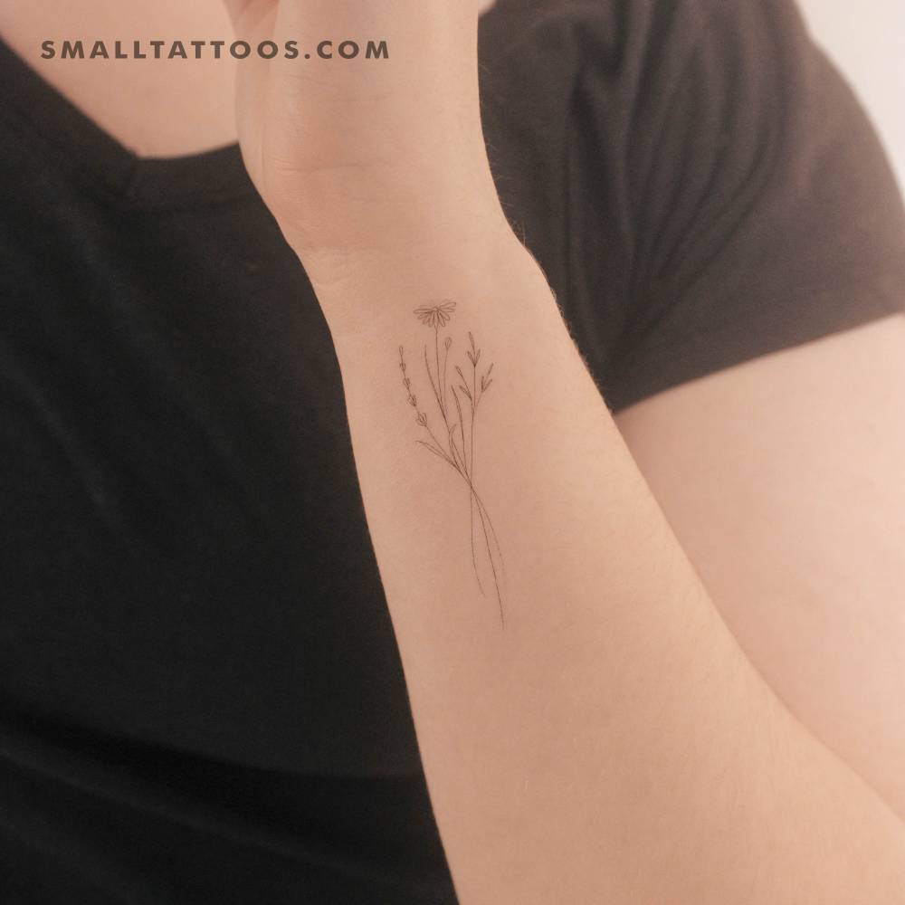 Harmlessberry's fine line flower bouquet II temporary tattoo.