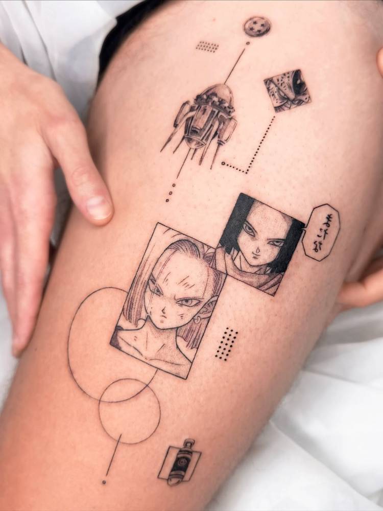 Graphic style Dragon Ball Z tattoo located on the thigh.