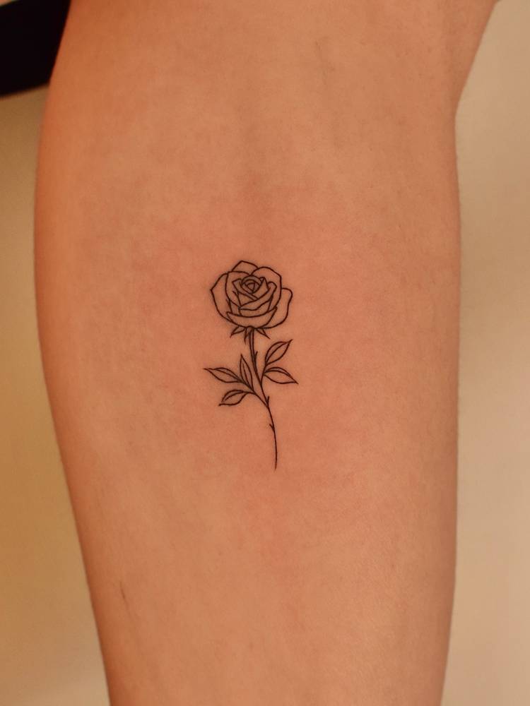 Fine line style rose tattooed on the inner forearm.