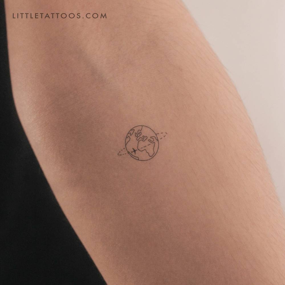 World travel temporary tattoo in fine line style.