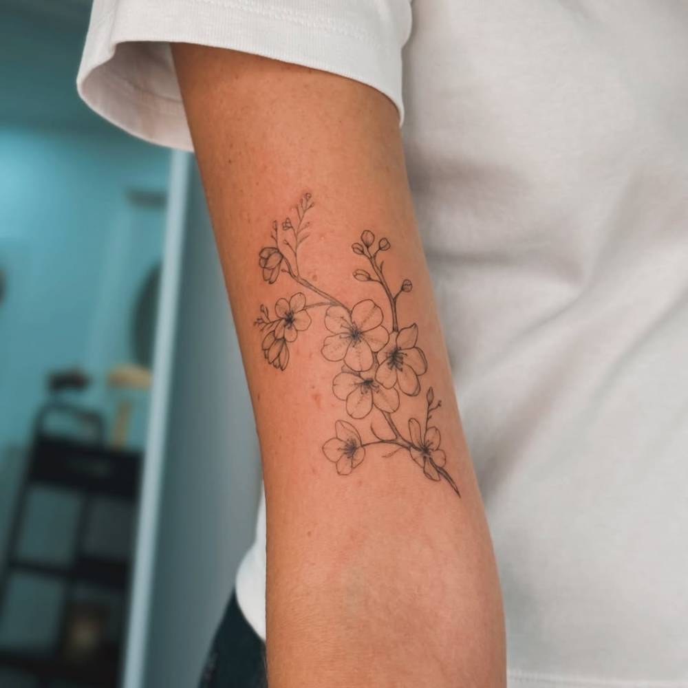 Cherry blossom tattoo in Illustrative style located on the bicep.