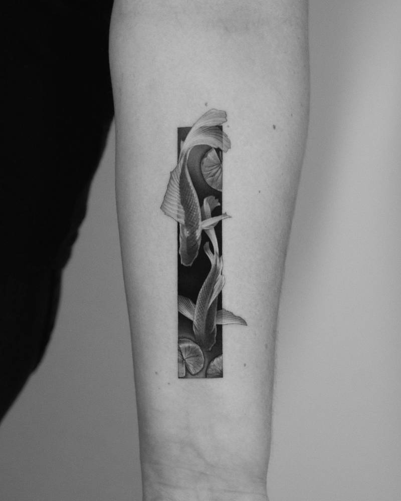 Koi fish tattoo in micro-realism located on the inner forearm.