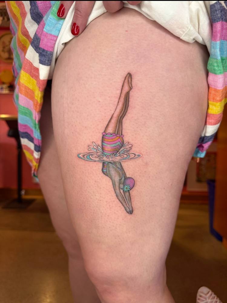 High diving tattoo located on the thigh, illustrative style.