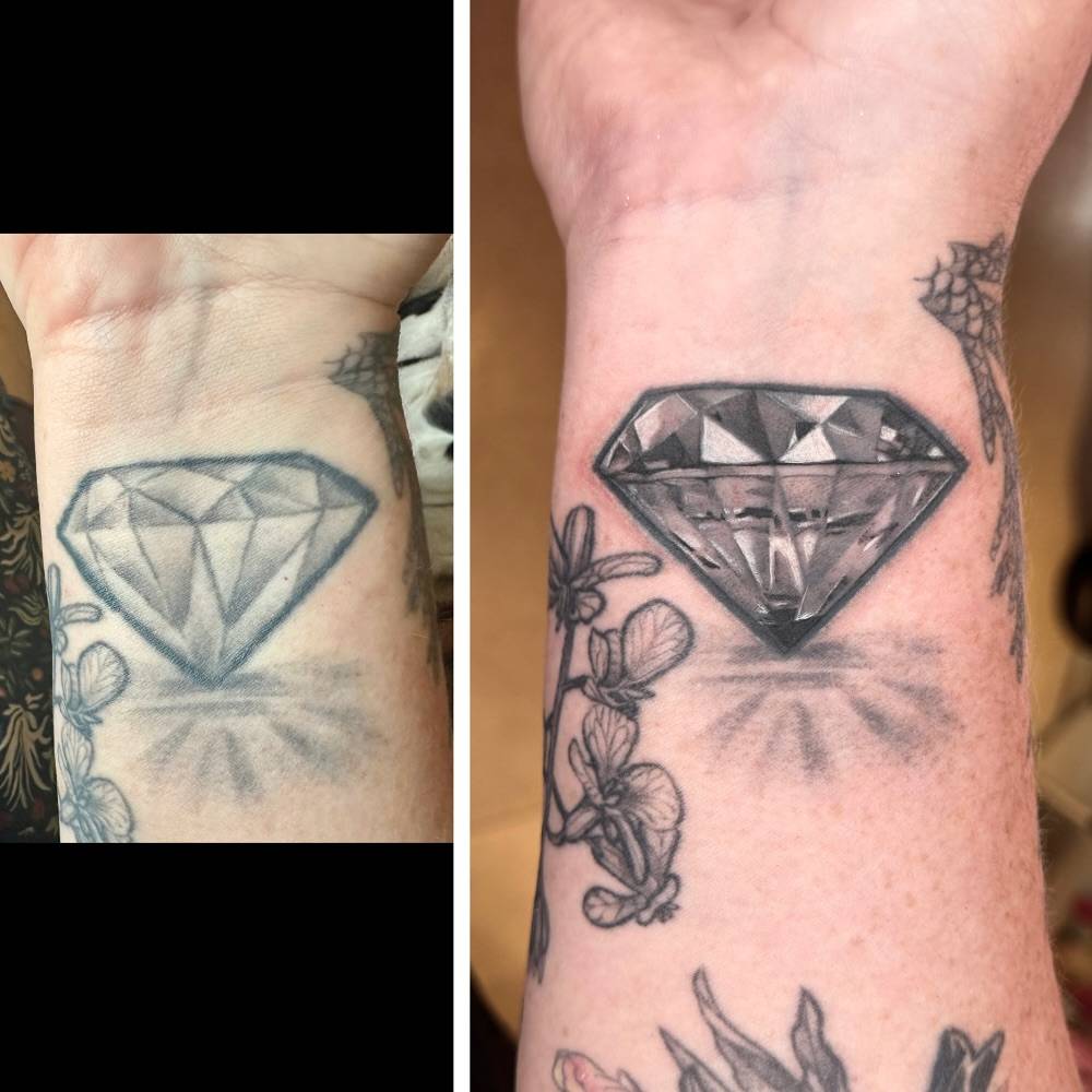 Touch up of an old diamond tattoo.