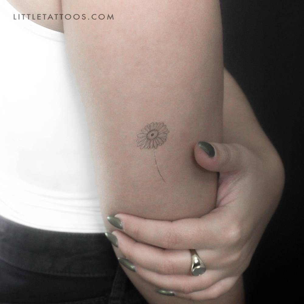 Fine line style daisy temporary tattoo located on the tricep.