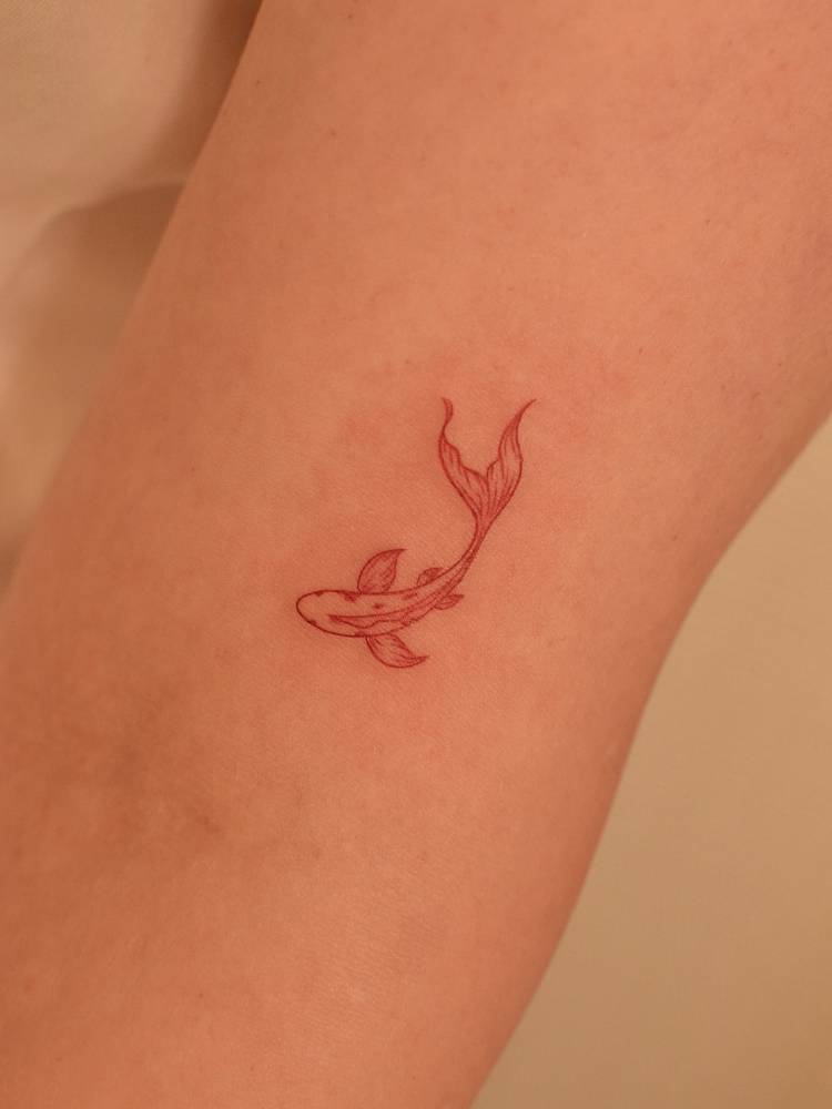 Red ink koi fish tattoo in fine line style located on the bicep.