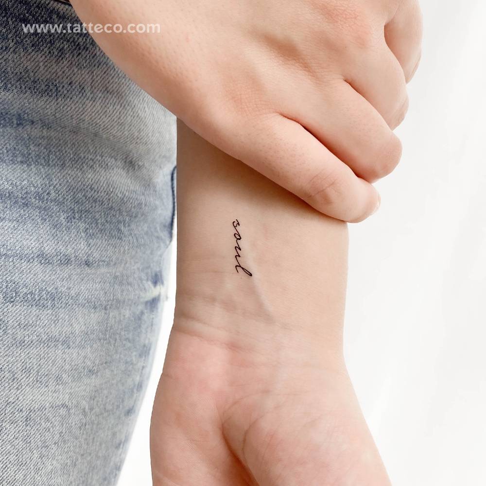 Handwritten font word "soul" temporary tattoo located on the wrist.