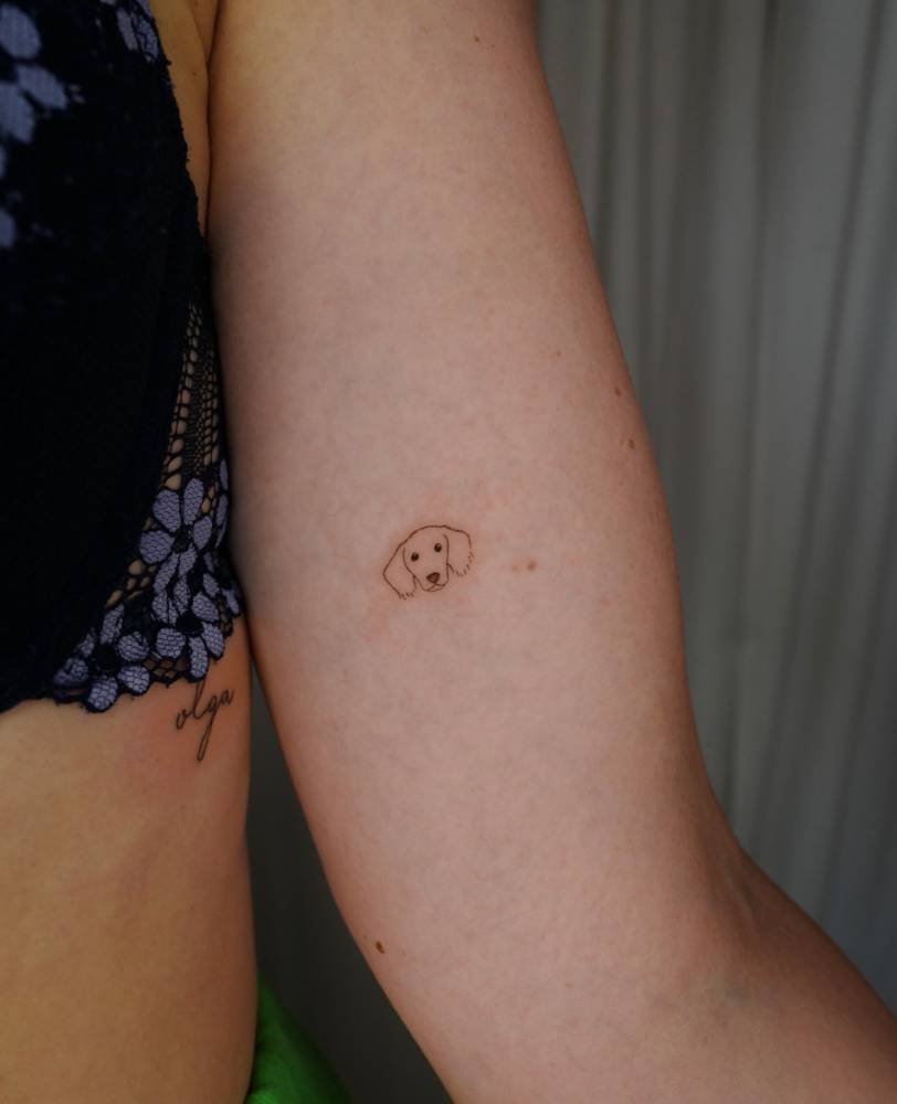 Dachshund portrait tattoo in minimalistic style located on the inner arm.