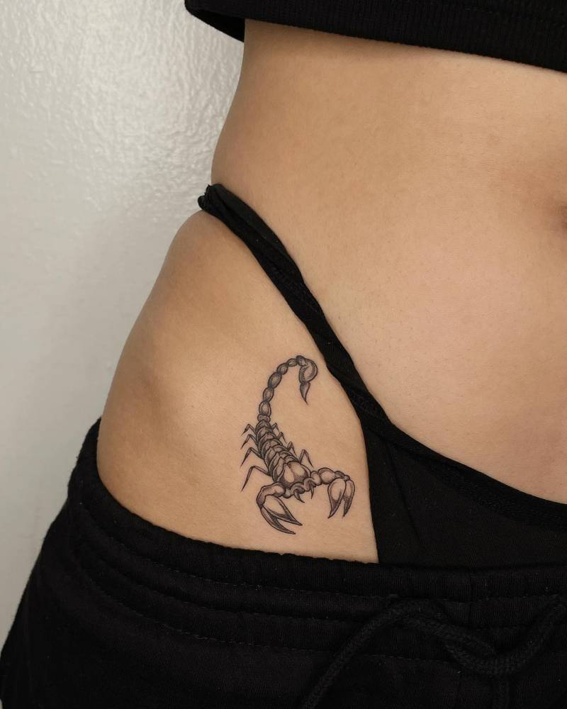 Illustrative style scropion tattoo located on the pelvis.