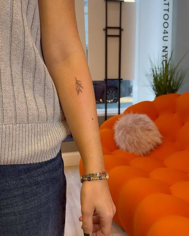 Illustrative style olive branch tattoo located on the inner forearm.
