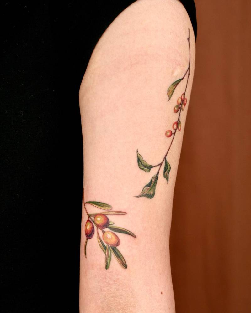 Coffea and olive branch tattoos located on the upper arm.