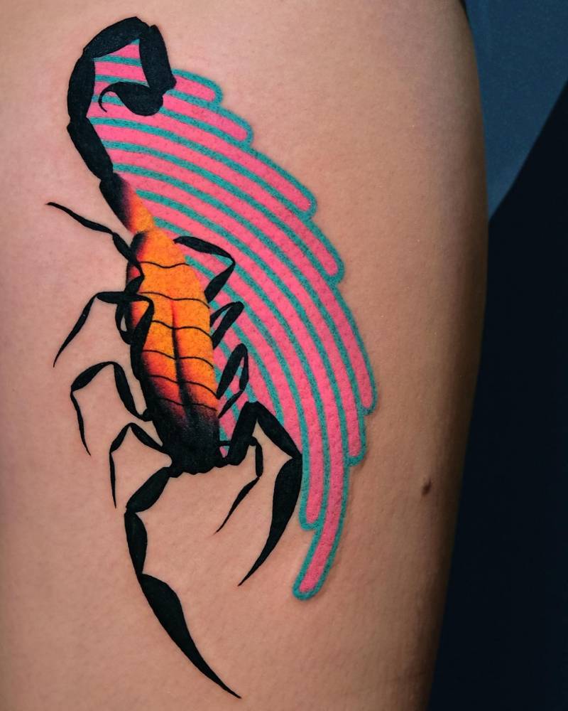 Contemporary style scorpion tattoo located on the thigh.