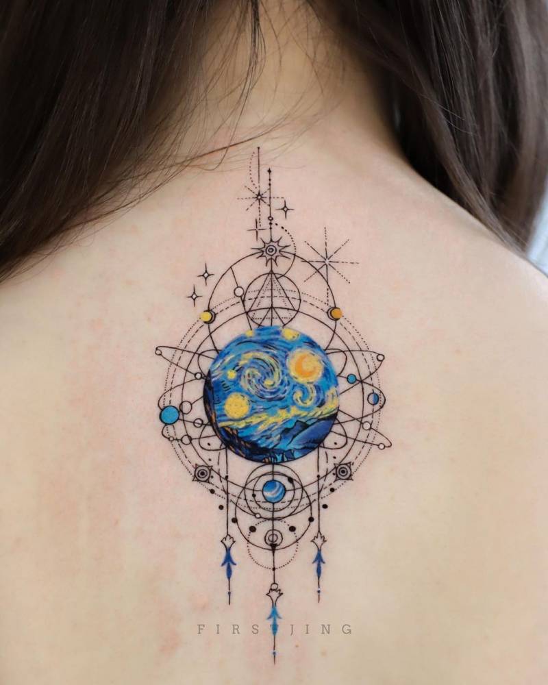 Galaxy tattoo on the upper back