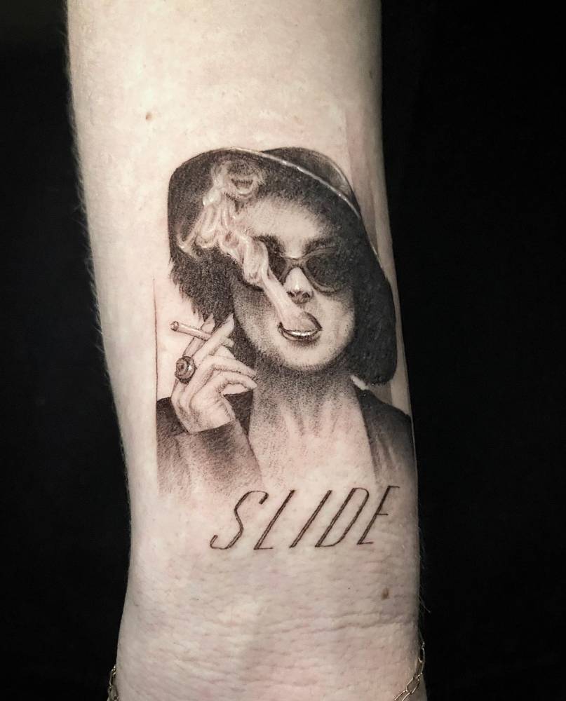 Marla Singer portrait tattoo done on the wrist.