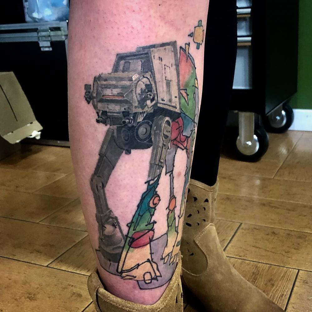 Healed At-At Walker tattoo located on the shin.