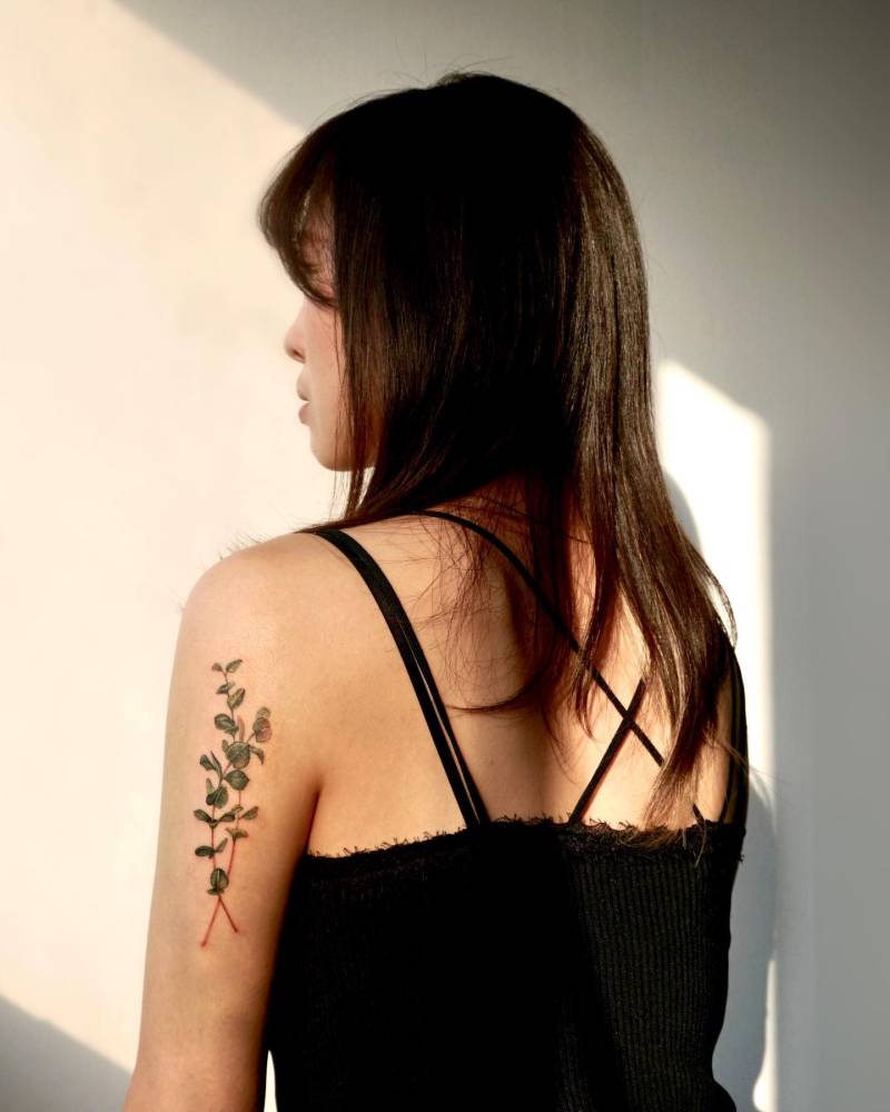 Eucalyptus tattoo located on the tricep, watercolor style.