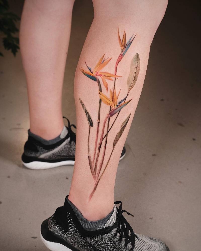 Realistic bird of paradise flowers tattooed on the shin.