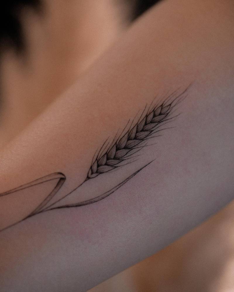 Wheat tattoo located on the inner forearm.
