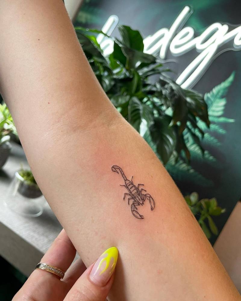 Fine line style scoprion tattoo located on the inner forearm.