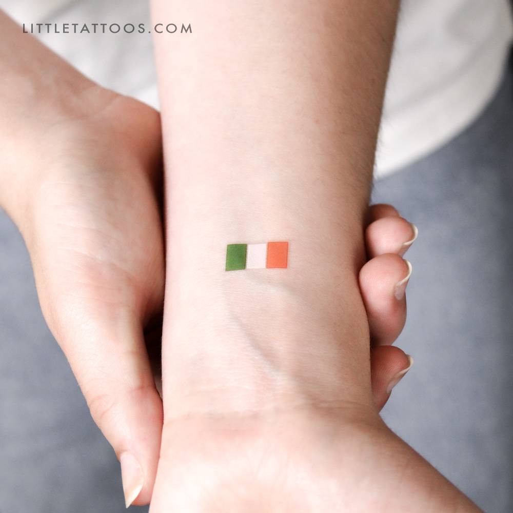 Flag of Ireland temporary tattoo located on the wrist.