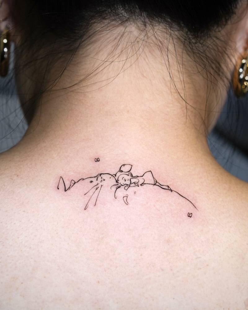 'My Neighbor Totoro' tattoo in sketch work style located on the upper back.