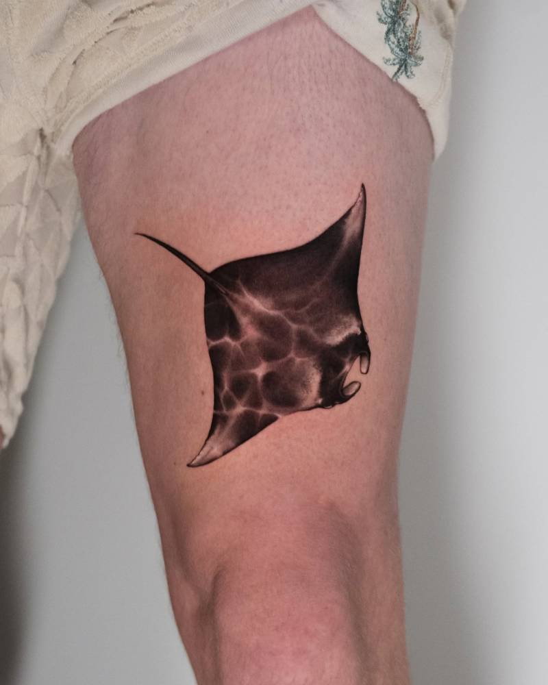 Manta ray tattoo in micro-realistic style done on the thigh.