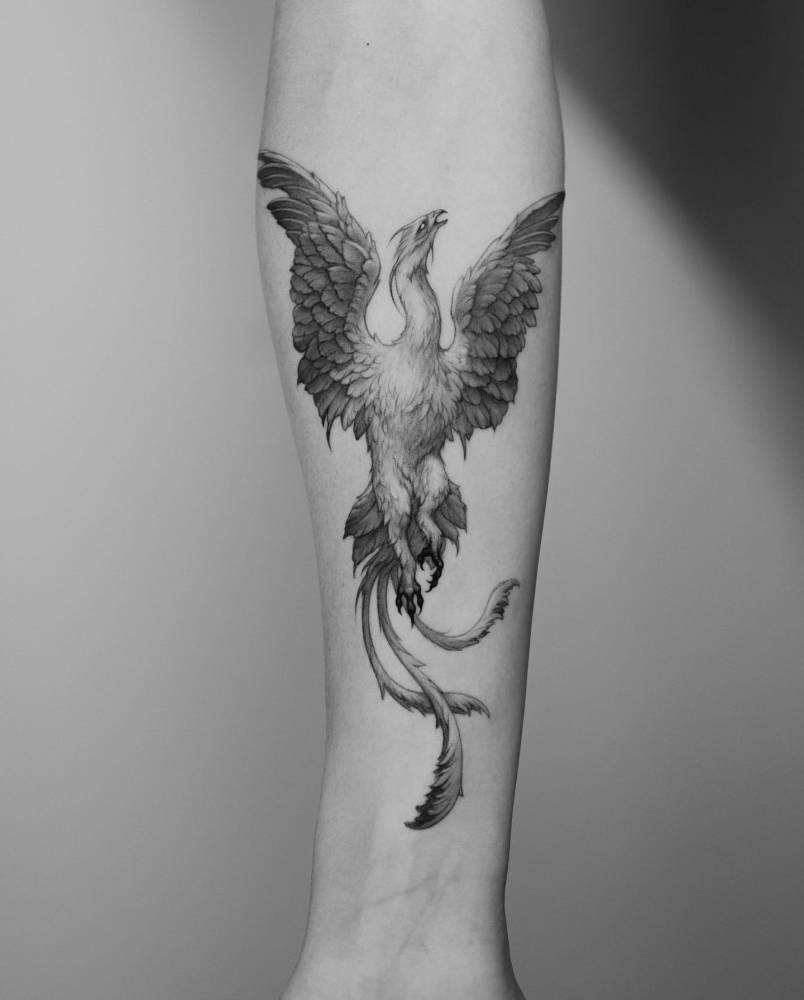 Phoenix tattoo located on the inner forearm, micro-realistic style.