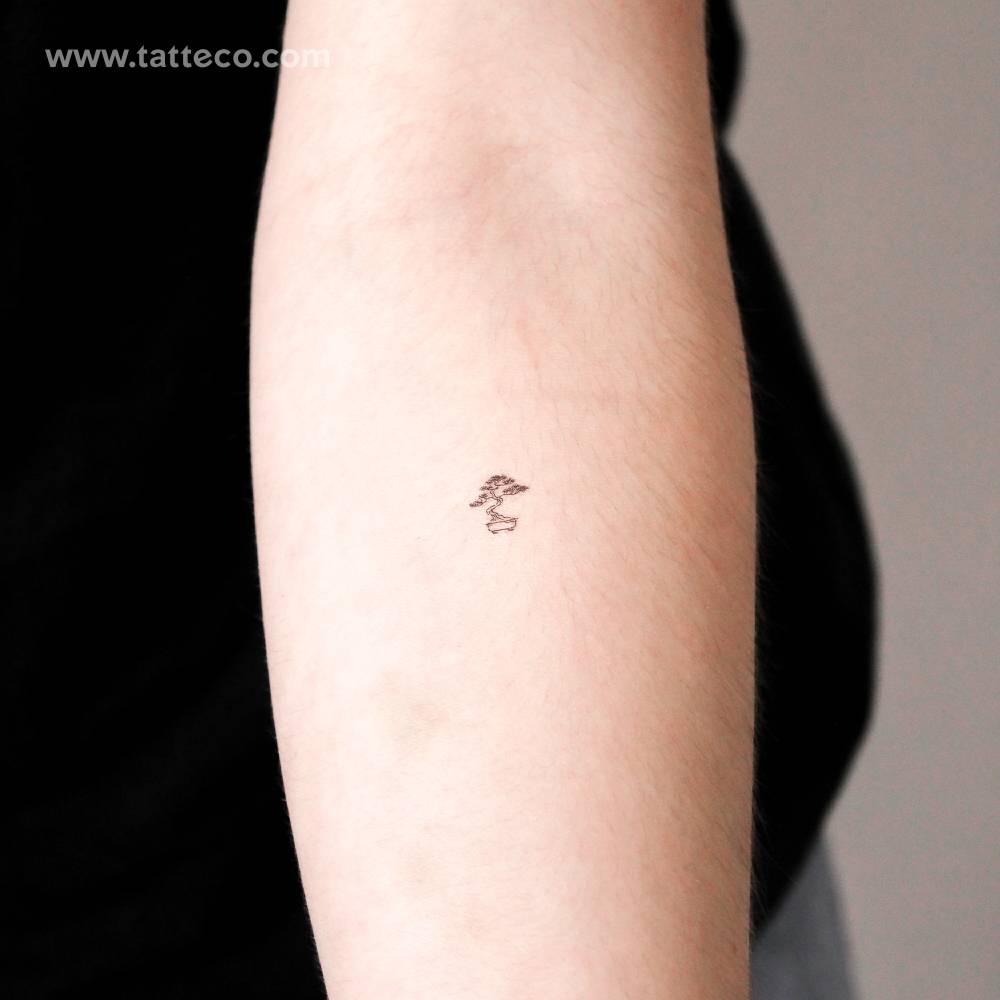 Tiny fine line bonsai temporary tattoo located on the inner forearm.