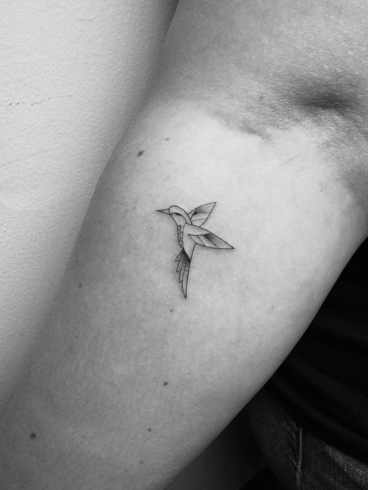 Little hummingbird tattoo in illustrative style located on the inner forearm.