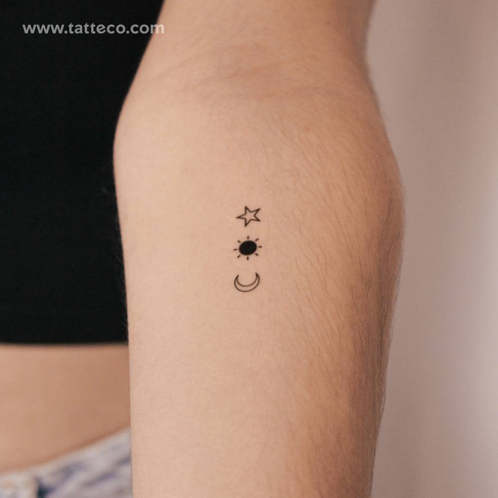 Matching sun, moon and star semi-permanent tattoo.