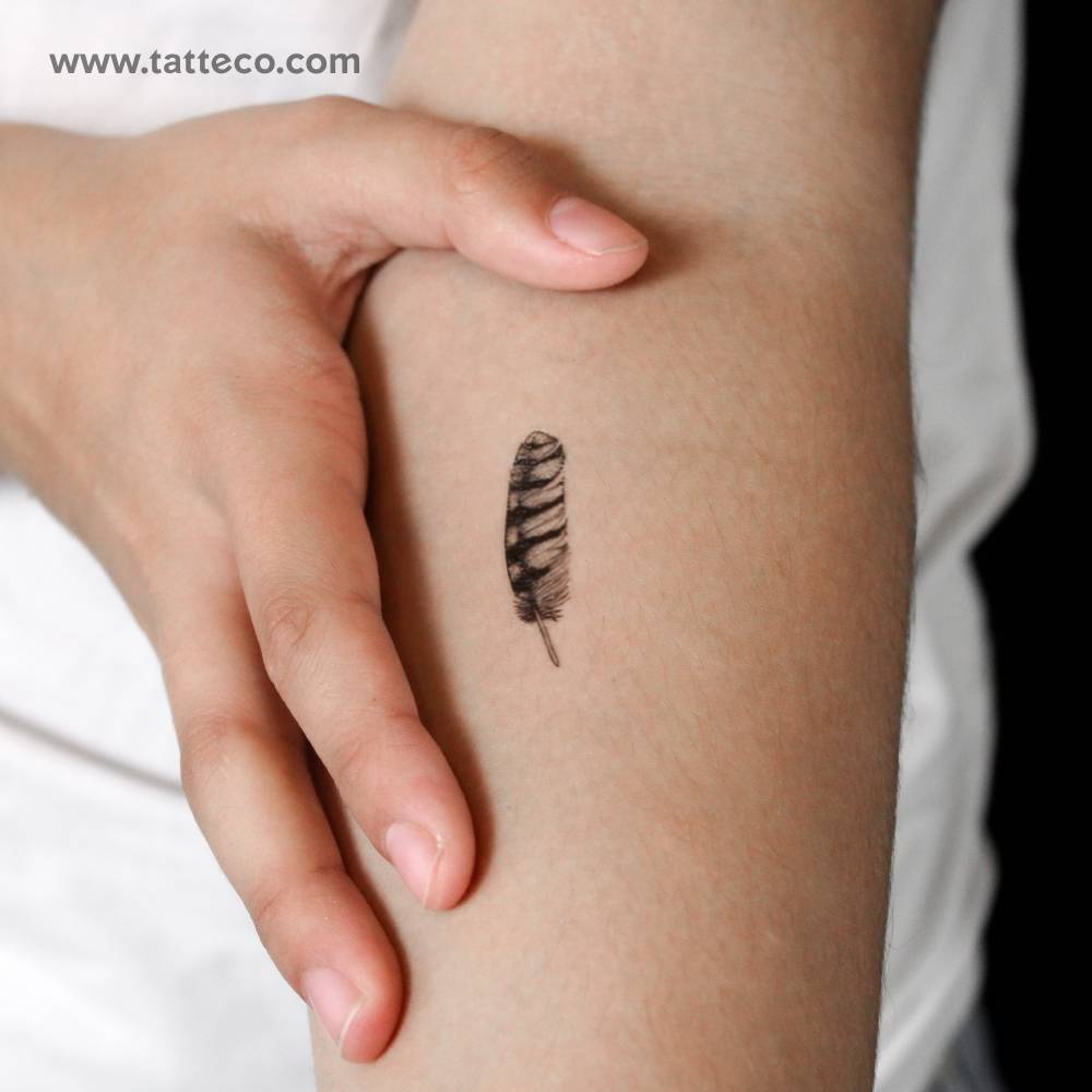 Small feather semi-permanent tattoo located on the inner forearm.