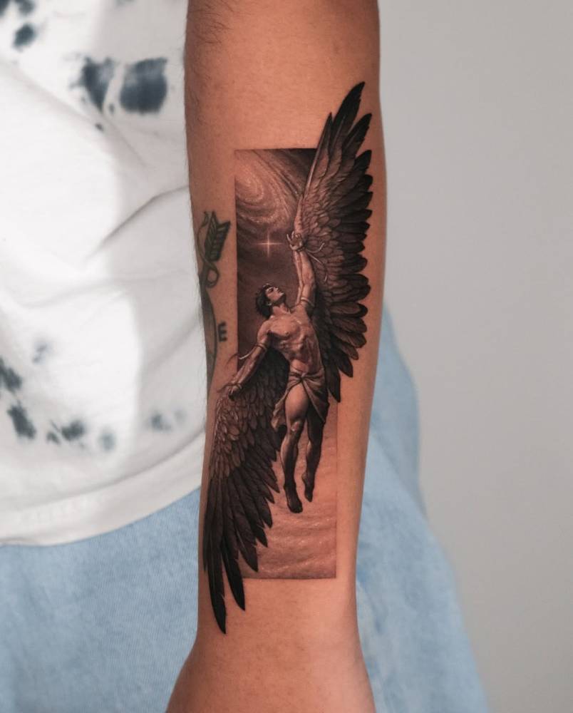 Icarus tattoo located on the forearm, micro-realistic style.