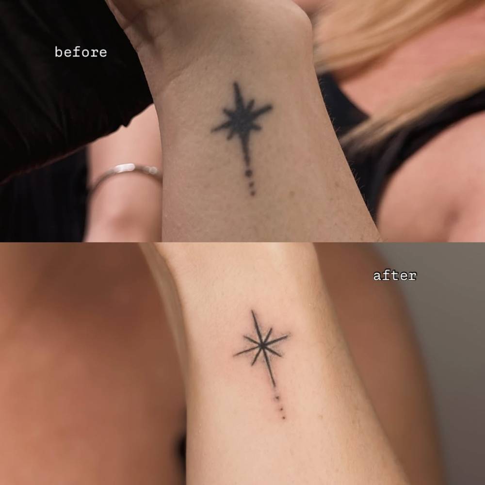 Touch up minimalistic north star tattoo placed on the wrist.