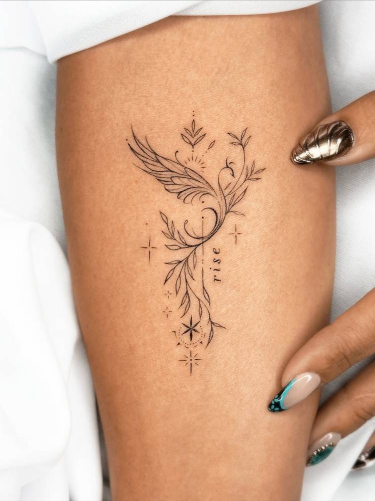 Phoenix and leaves tattoo in fine line style.