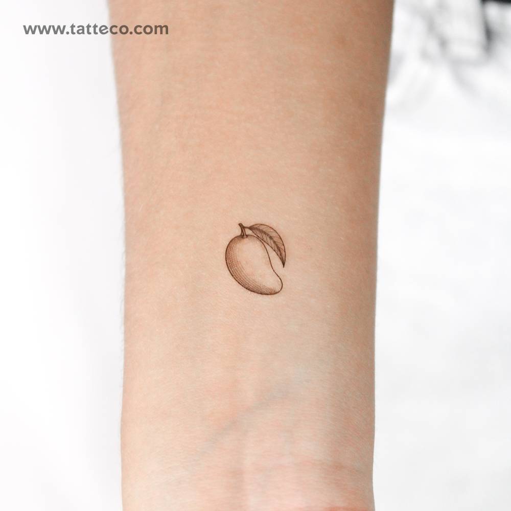 Illustrative style mango temporary tattoo located on the wrist.