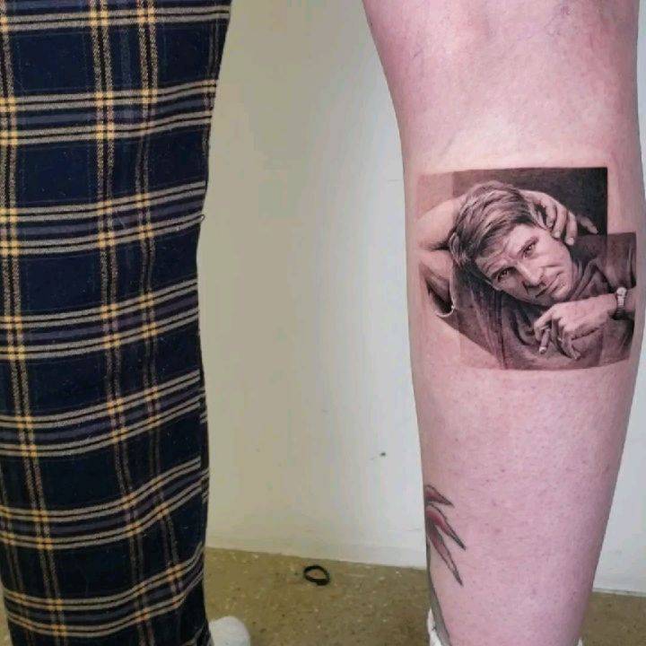 Micro-realist Harrison Ford tattoo on the calf