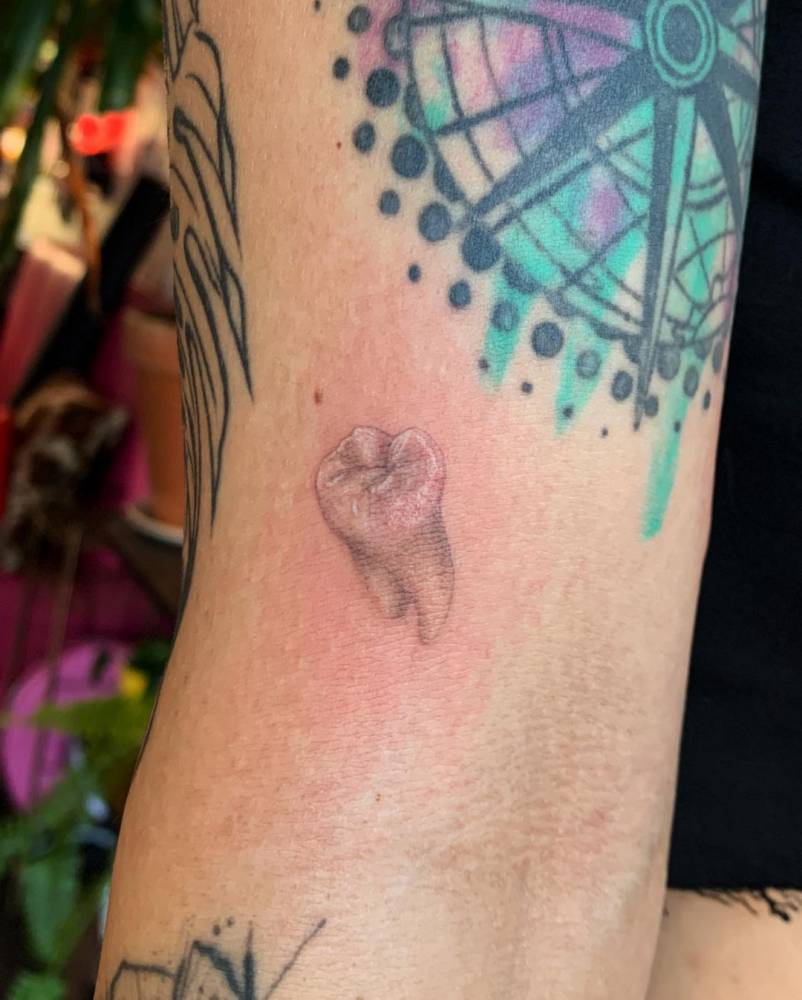 Realistic tooth tattoo on the inner arm