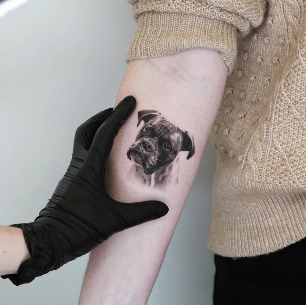 Micro-realistic boxer portrait tattoo on the inner forearm