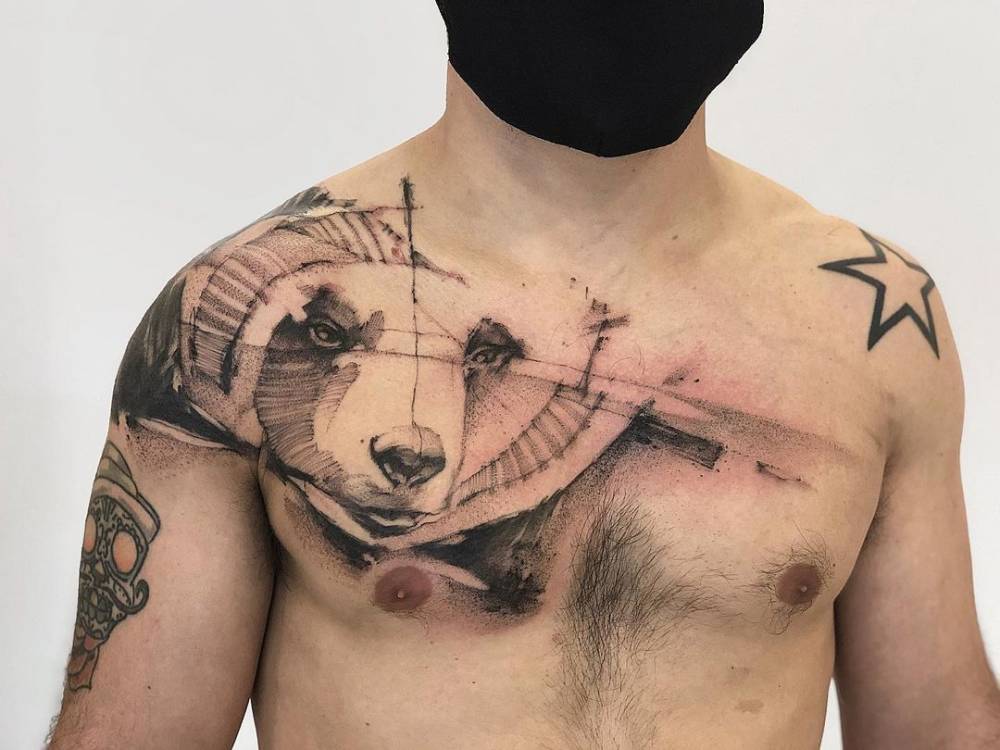 Freehand bear tattoo on the chest/shoulder