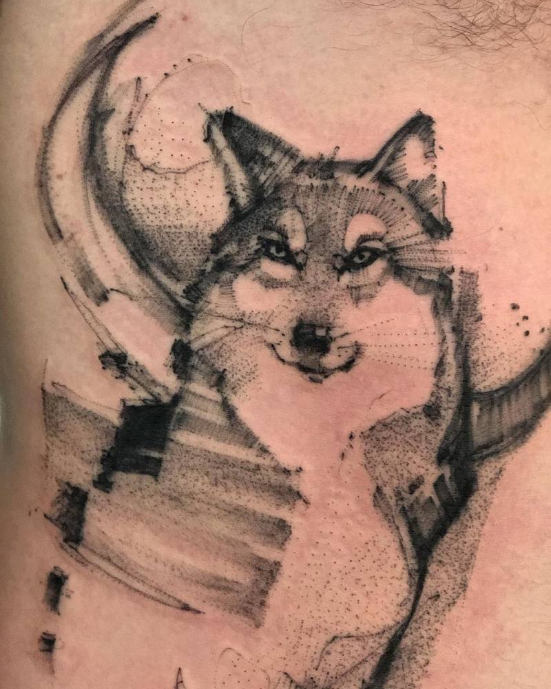 Sketch work wolf tattoo on the rib
