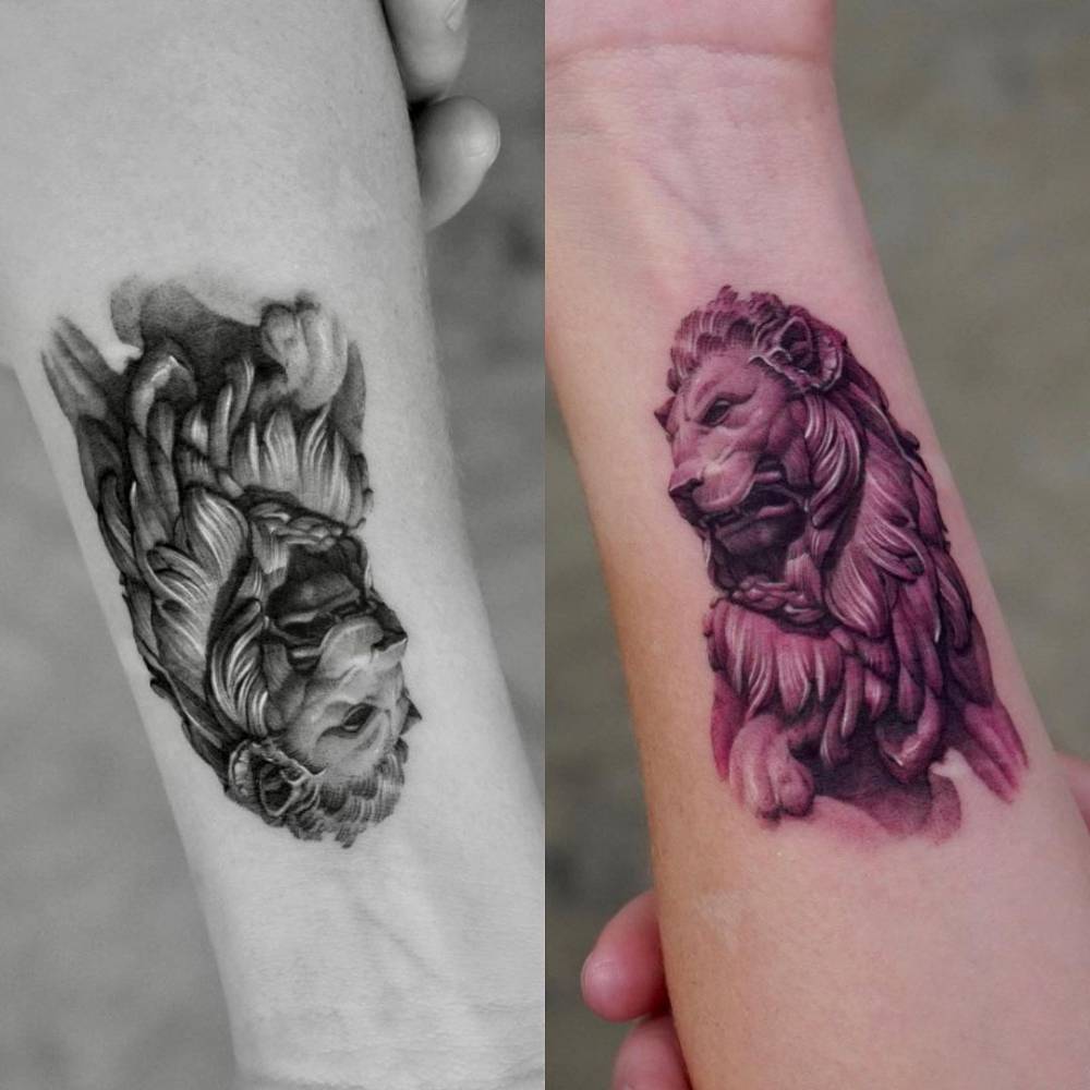 Micro-realistic Ponciano Ponzano's lion tattooed on the inner forearm.
