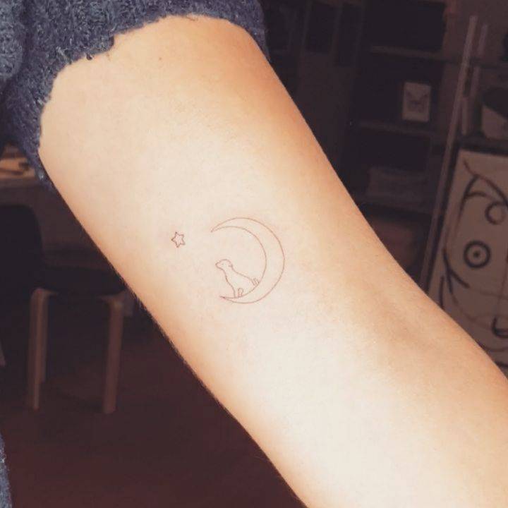 Minimalist dog and moon tattoo on the inner arm.
