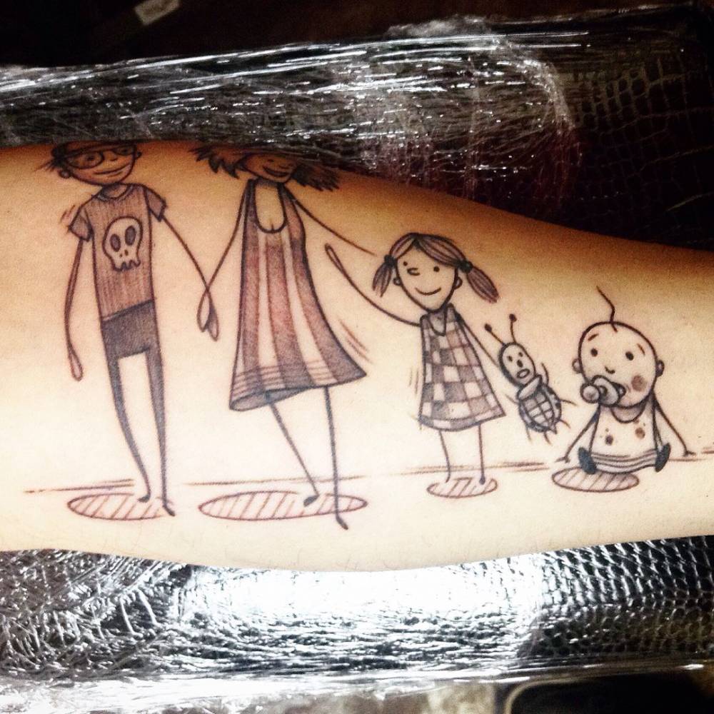 Sketch work family tattoo on the forearm.