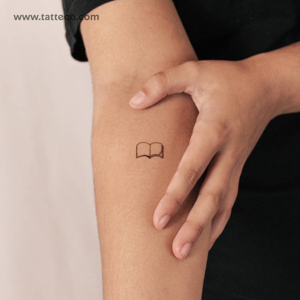 Book semi-permanent tattoo in minimalistic style.