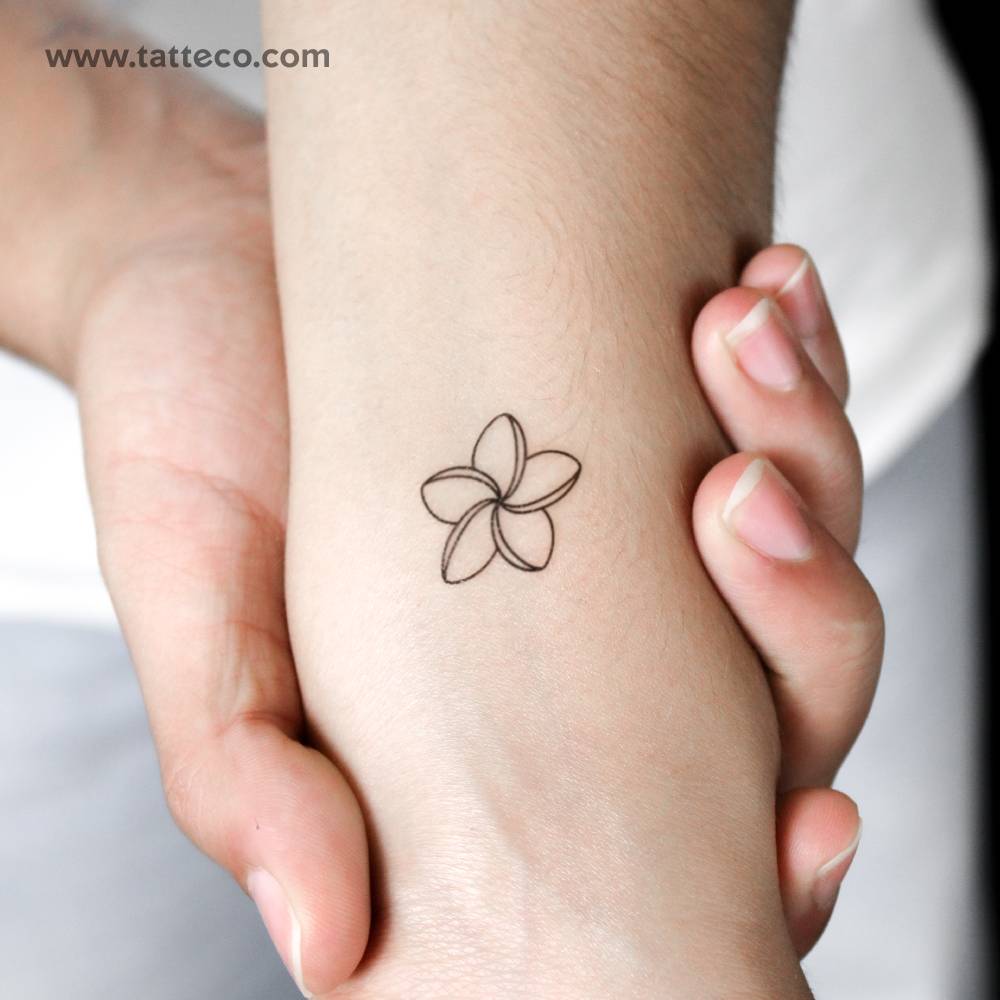Plumeria semi-permanent tattoo in fine line style.