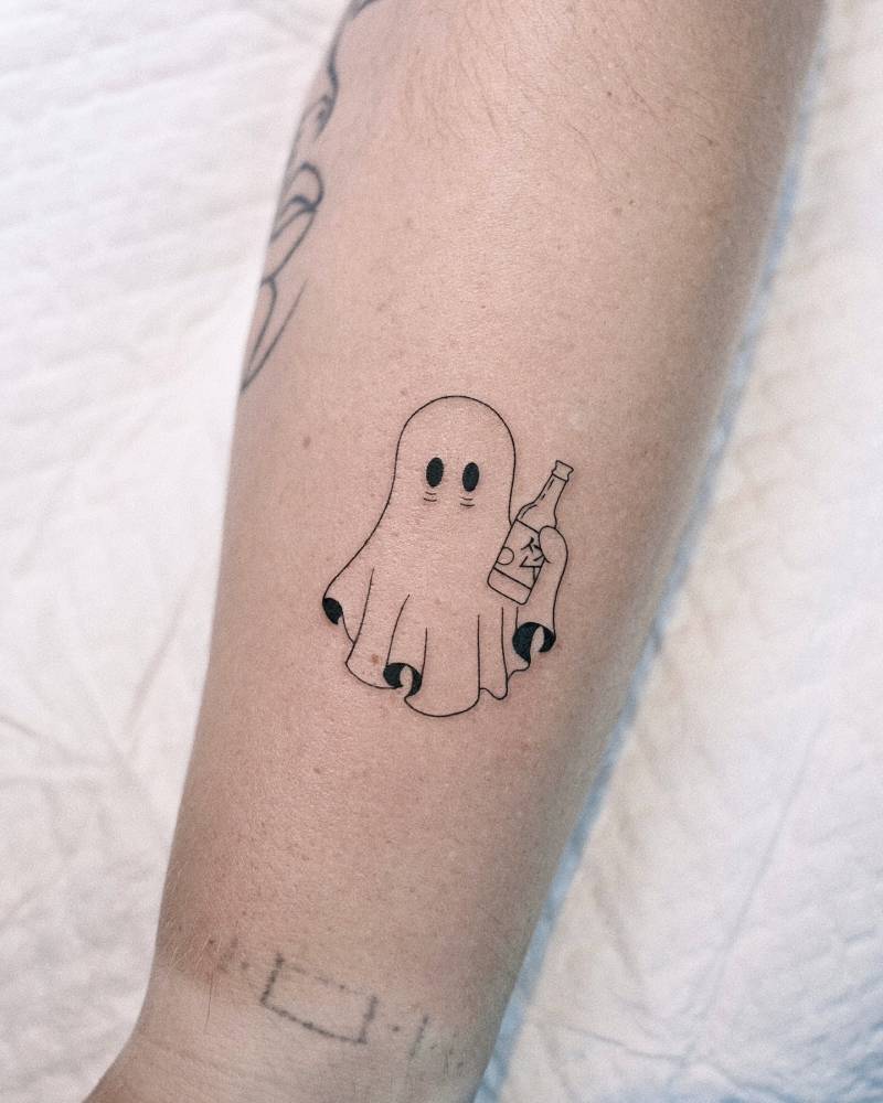 Cute ghost tattoo located on the forearm.